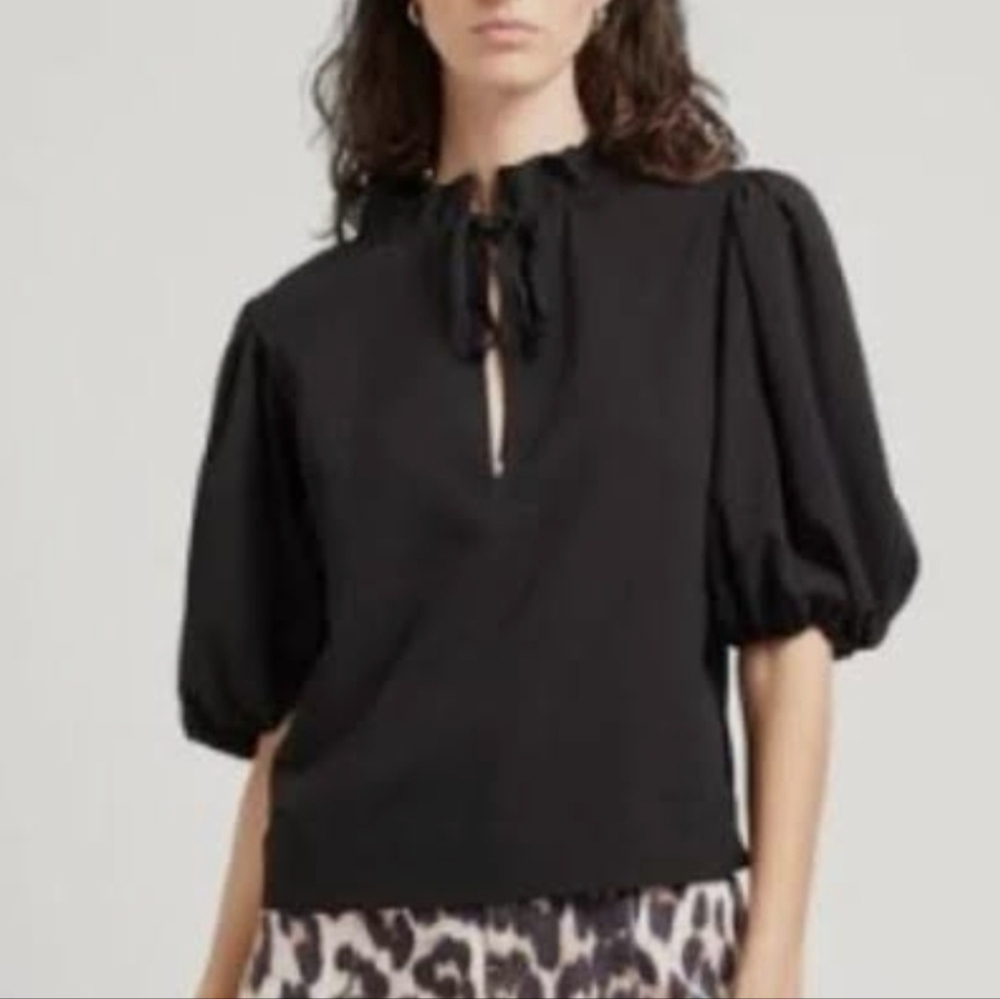 Ganni Black Blouse Ruffle Collar Puff Sleeve Oversize Flowy Top EU 36 US size 4